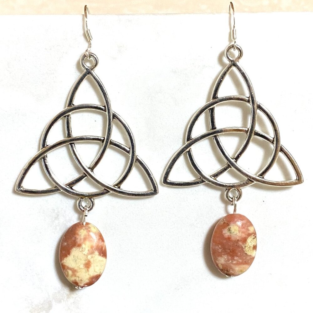 2/$20, Genuine Brecciated Jasper Celtic Trinity Sterling Silver Dangle Earrings